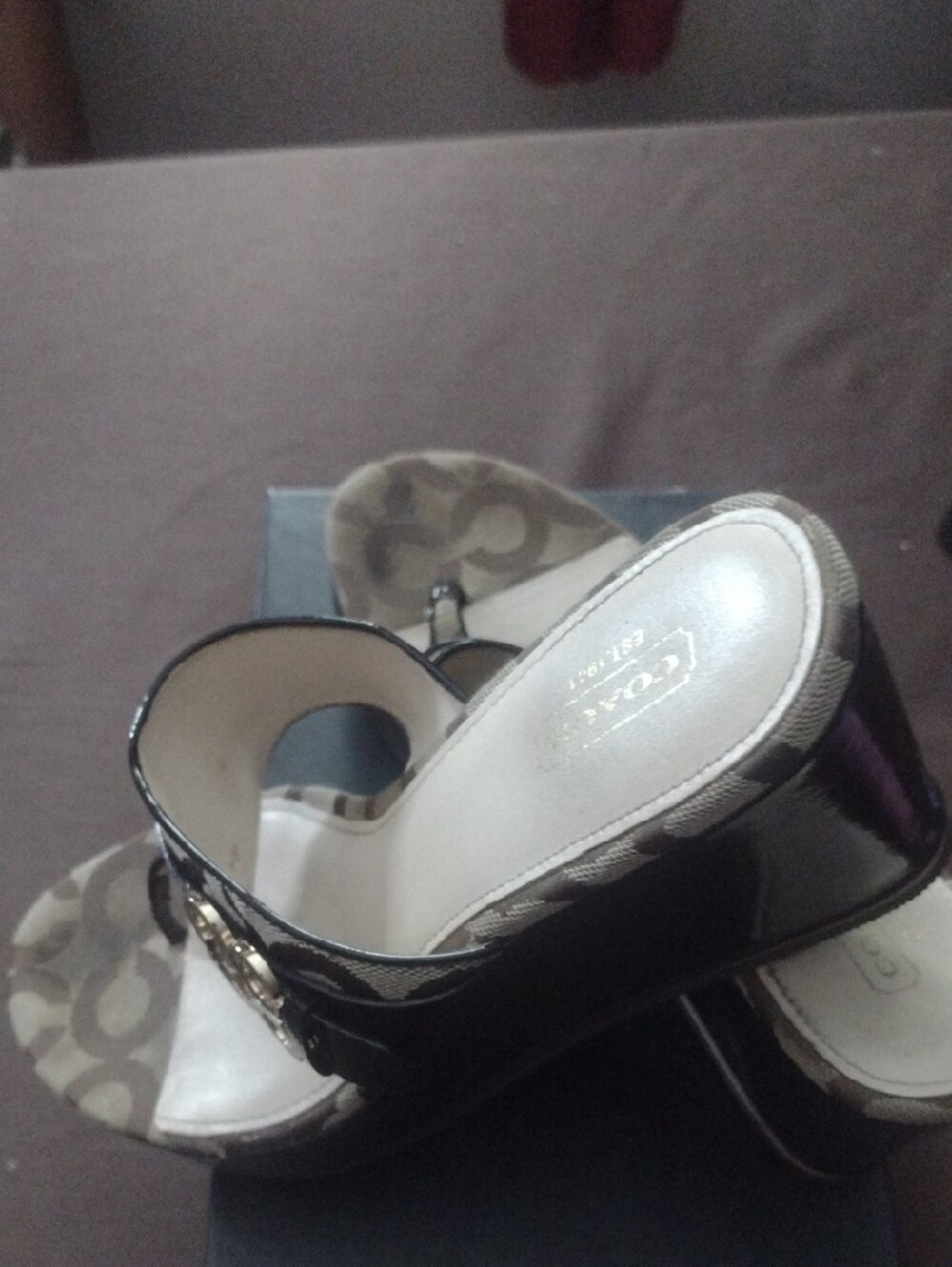 Coach Brown and Black Signature Monogram Wedge Sandals - Picture 5 of 8